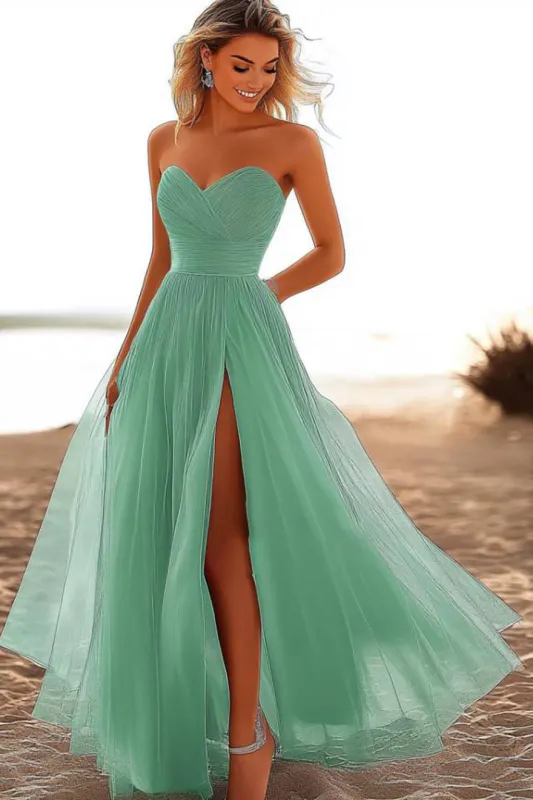 Light Green A-line Strapless Pleated Dress With Slit sold by Zapaka