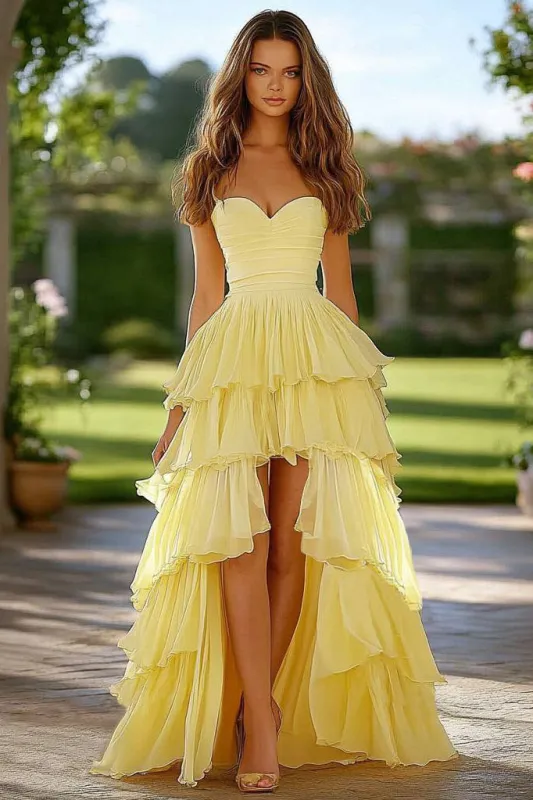 Yellow Corset Long Prom Dress with Appliques Ruffles sold by Zapaka