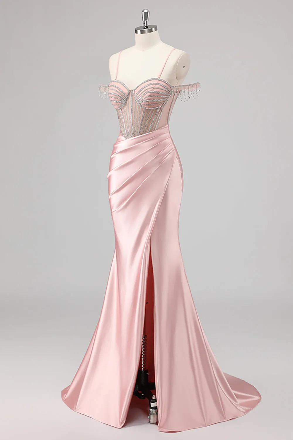 Sparkly Mermaid Cold Shoulder Beaded Long Pink Prom Dress with Slit sold by Zapaka product image thumbnail 3