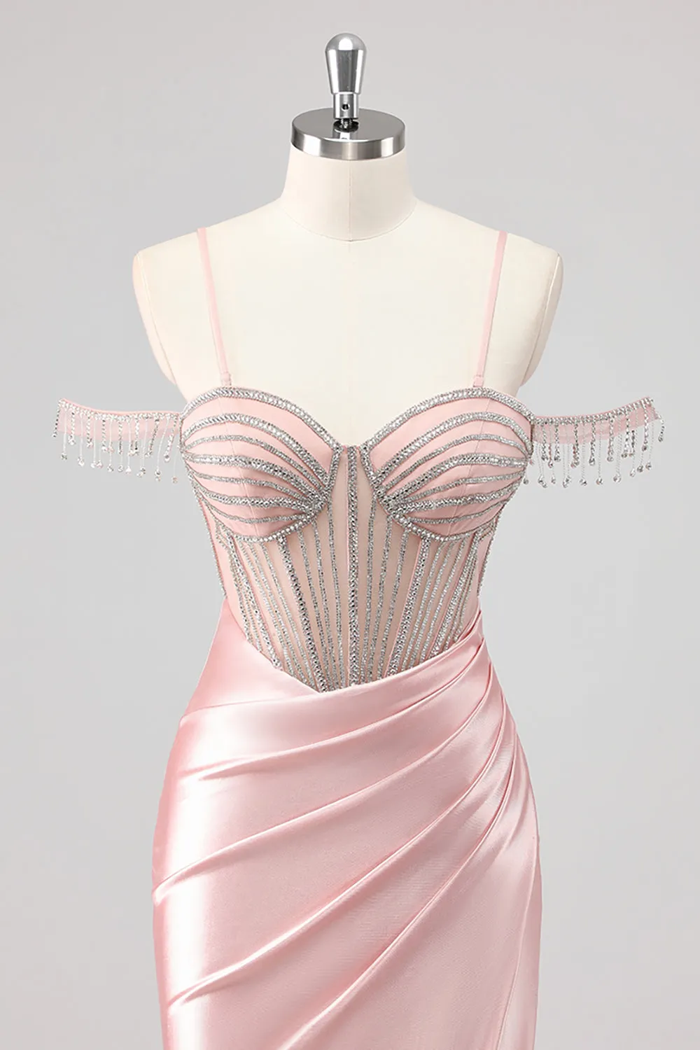 Sparkly Mermaid Cold Shoulder Beaded Long Pink Prom Dress with Slit sold by Zapaka product image thumbnail 4