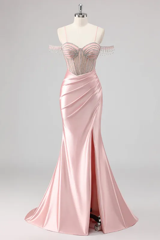 Sparkly Mermaid Cold Shoulder Beaded Long Pink Prom Dress with Slit made by Zapaka