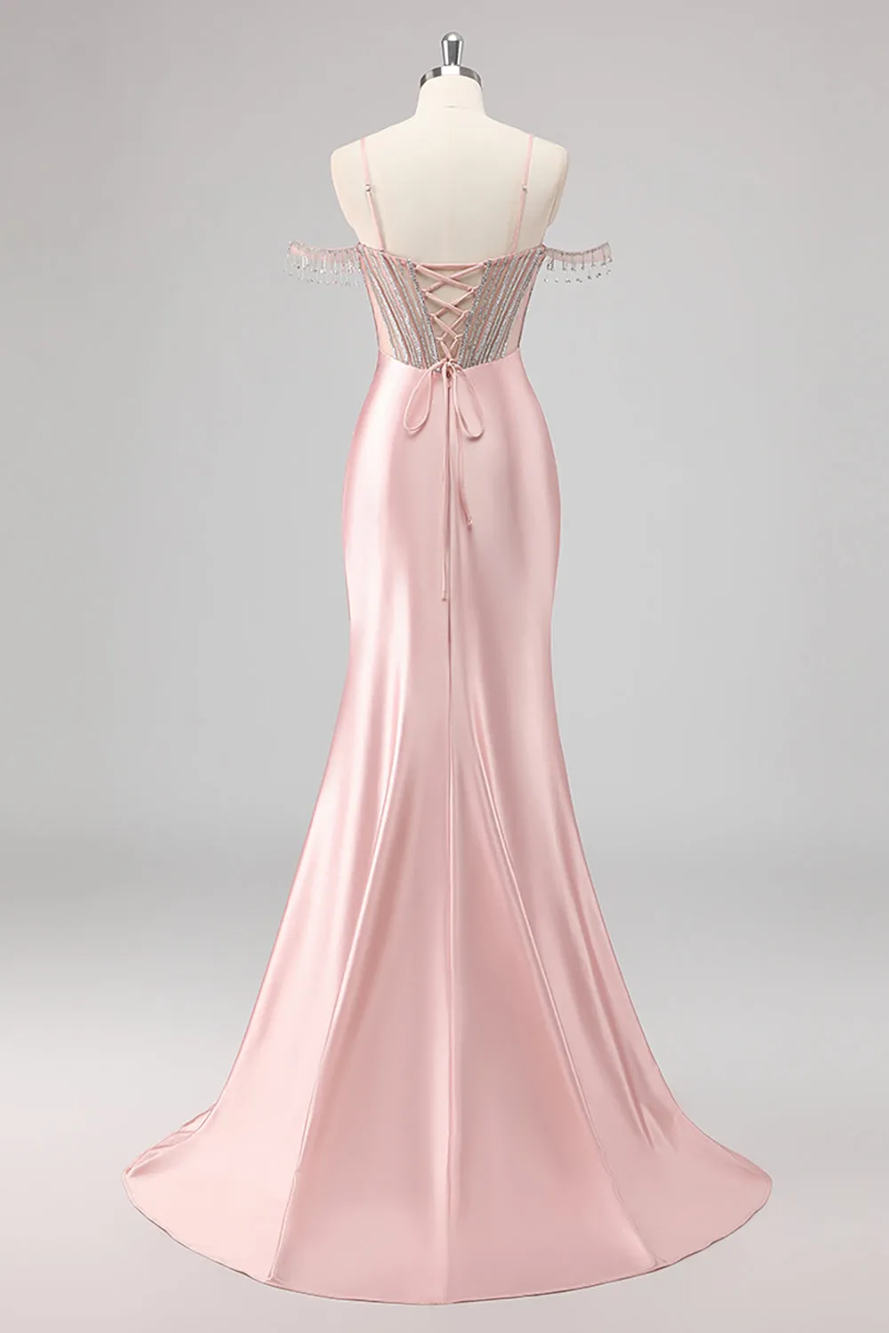Sparkly Mermaid Cold Shoulder Beaded Long Pink Prom Dress with Slit sold by Zapaka product image thumbnail 2