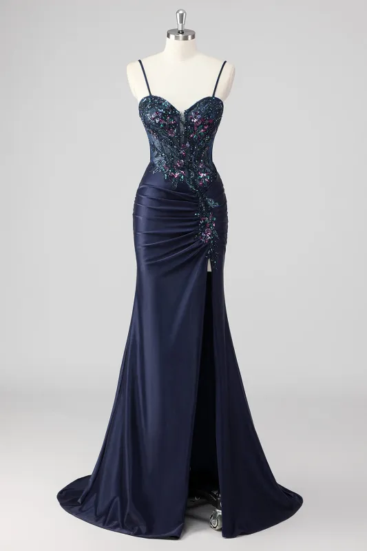 Sparkly Navy Mermaid Sequins Ruched Corset Long Prom Dress with Slit sold by Zapaka