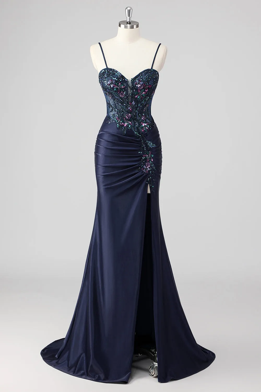 Sparkly Navy Mermaid Sequins Ruched Corset Long Prom Dress with Slit sold by Zapaka