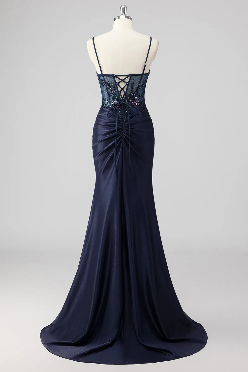 Sparkly Navy Mermaid Sequins Ruched Corset Long Prom Dress with Slit sold by Zapaka product image thumbnail 2