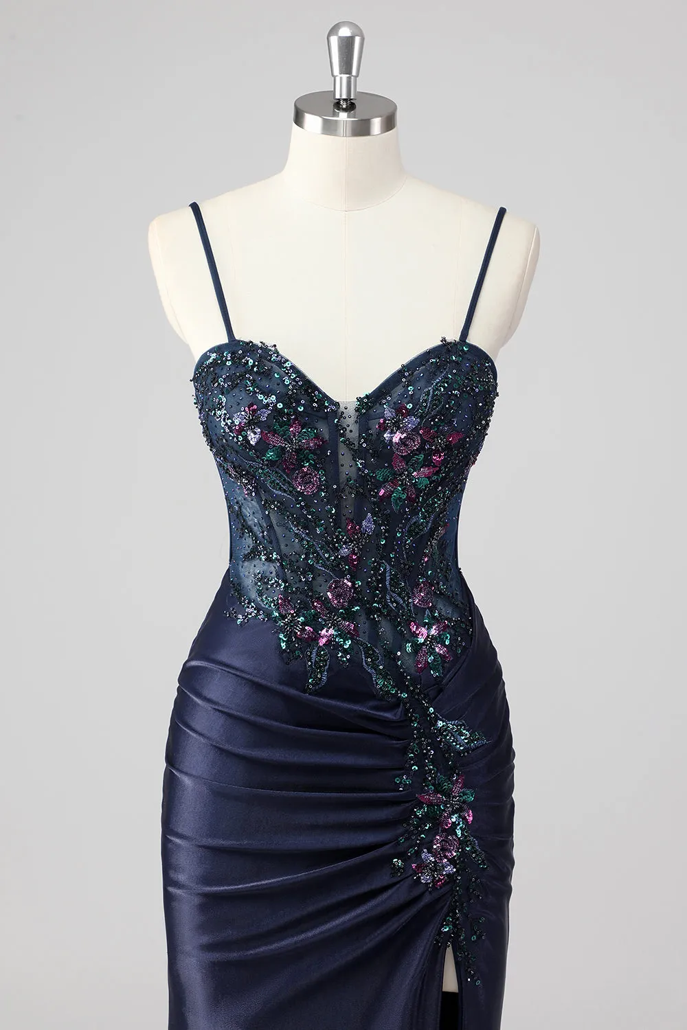 Sparkly Navy Mermaid Sequins Ruched Corset Long Prom Dress with Slit sold by Zapaka product image thumbnail 4
