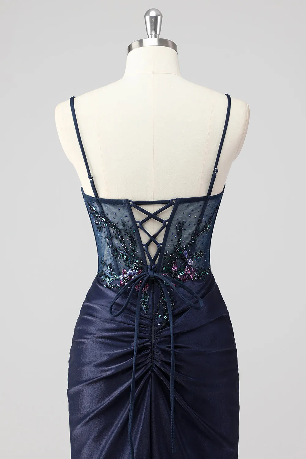 Sparkly Navy Mermaid Sequins Ruched Corset Long Prom Dress with Slit sold by Zapaka product image thumbnail 5