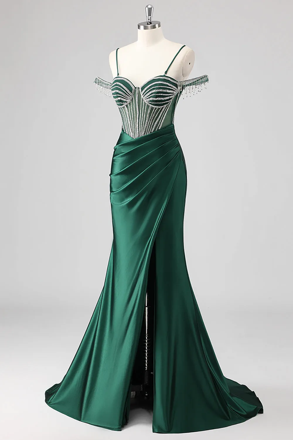 Sparkly Mermaid Cold Shoulder Beaded Dark Green Long Prom Dress with Slit sold by Zapaka product image thumbnail 3