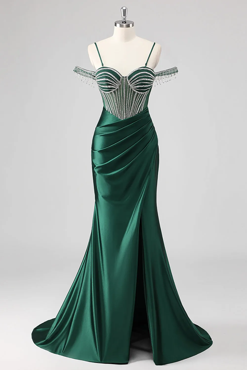 Sparkly Mermaid Cold Shoulder Beaded Dark Green Long Prom Dress with Slit sold by Zapaka