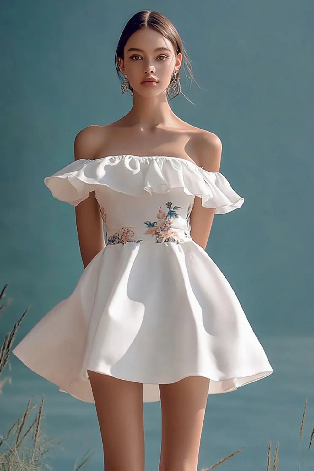 Floral A Line White Off The Shoulder Short Graduation Dress sold by Zapaka