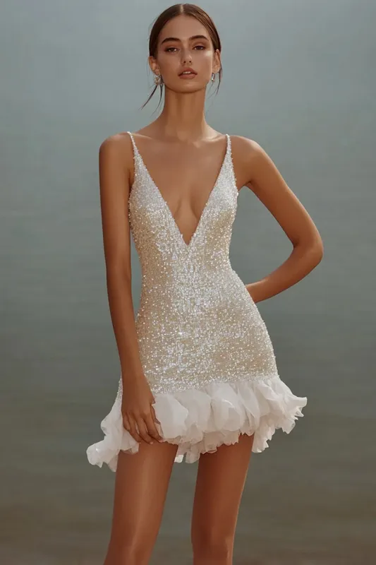 White Bodycon Spaghetti Straps Sequin Short Graduation Dress sold by Zapaka