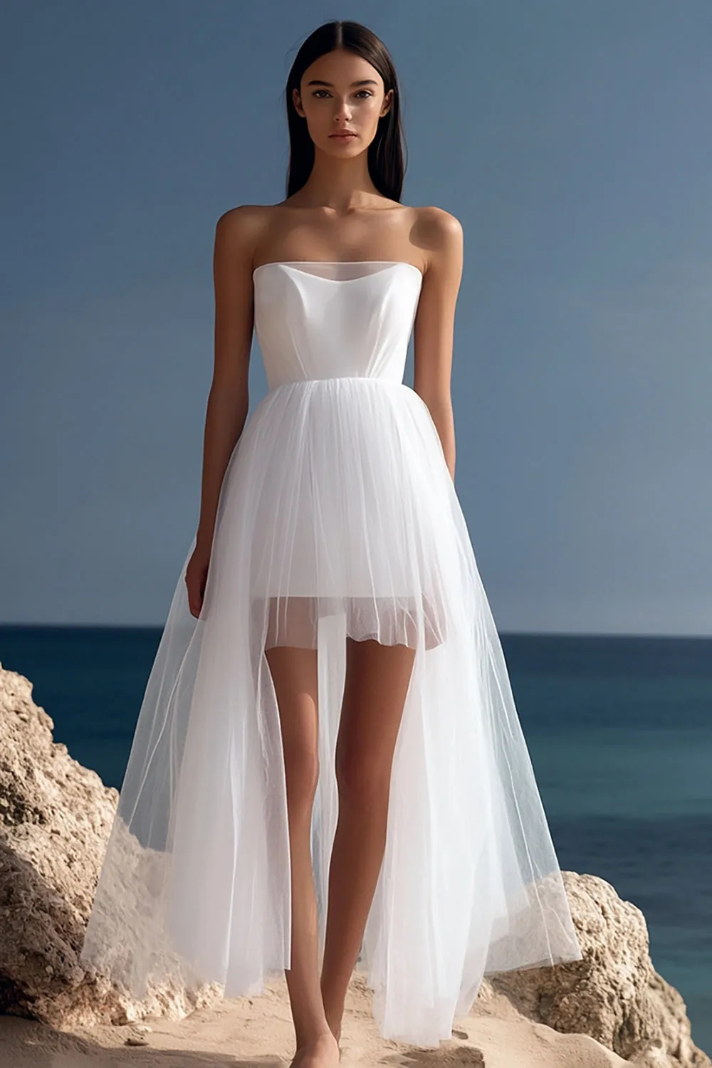 A Line Strapless Pleated Tulle Graduation Dress sold by Zapaka
