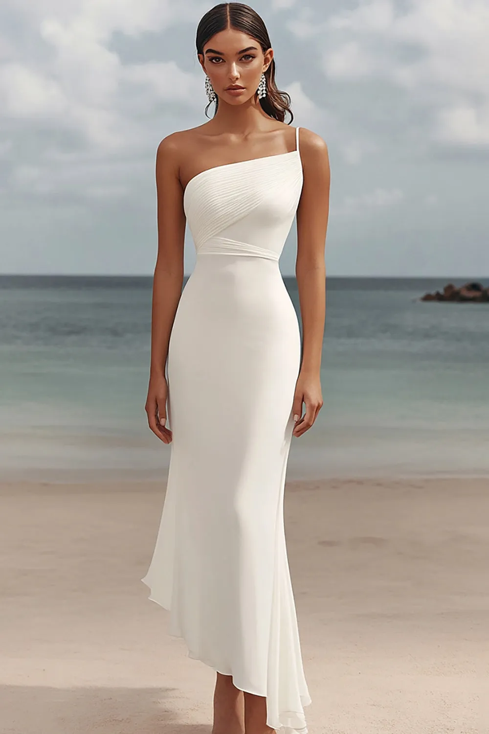 Mermaid White One Shoulder Ruched Long Formal Dress sold by Zapaka