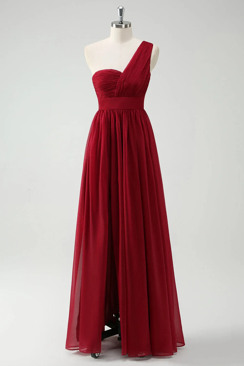 A-Line One Shoulder Ruched Burgundy Long Prom Dress with Slit sold by Zapaka