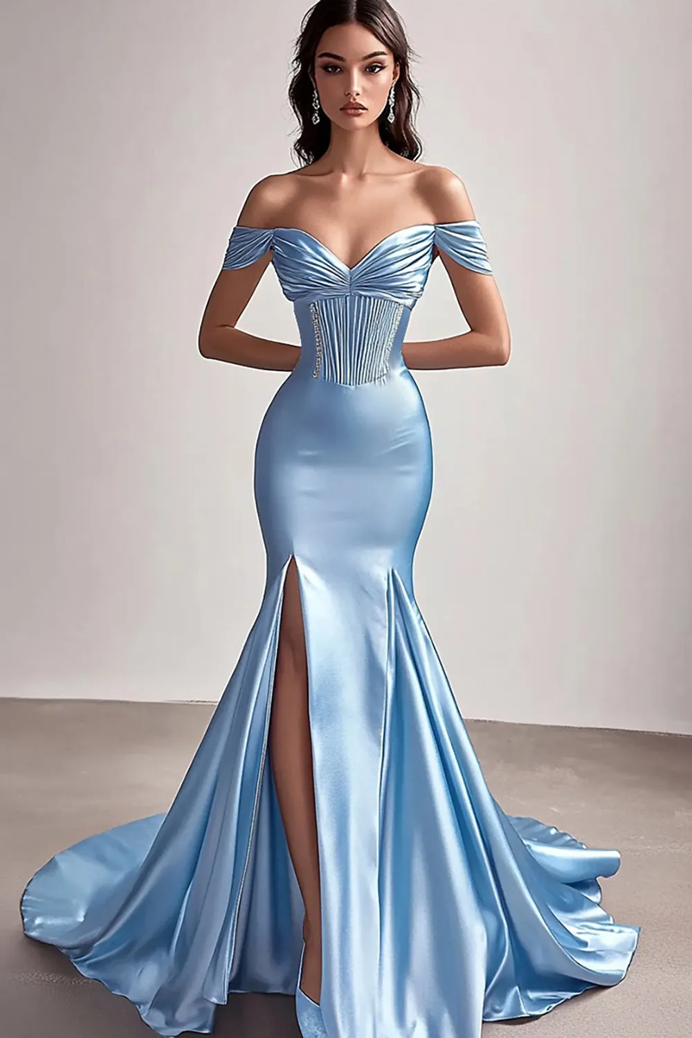 Sky Blue Off The Shoulder Mermaid Satin Prom Dress sold by Zapaka