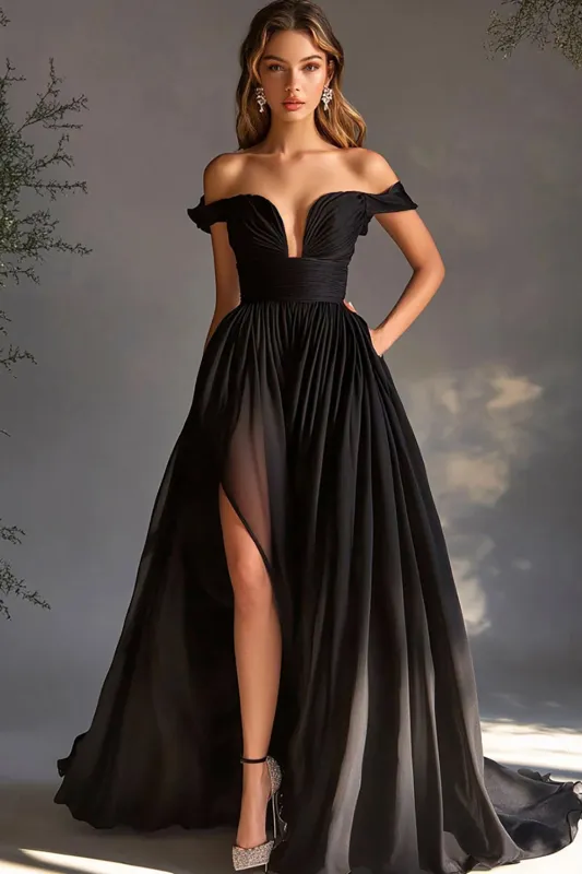 Black Off The Shoulder A Line Prom Dress with Slit sold by Zapaka