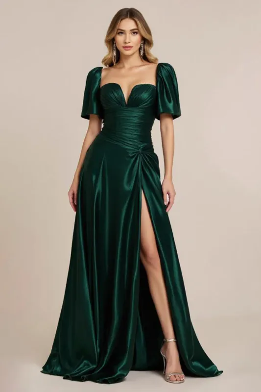 Dark Green Satin A Line Ruched Prom Dress with Slit sold by Zapaka