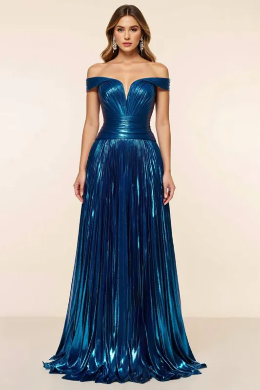 Off the Shoulder Pleated Peacock Blue A Line Prom Dress sold by Zapaka