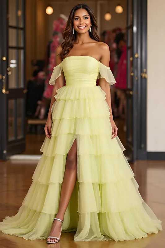Yellow Tulle Tiered A Line Off the Shoulder Prom Dress with Slit sold by Zapaka