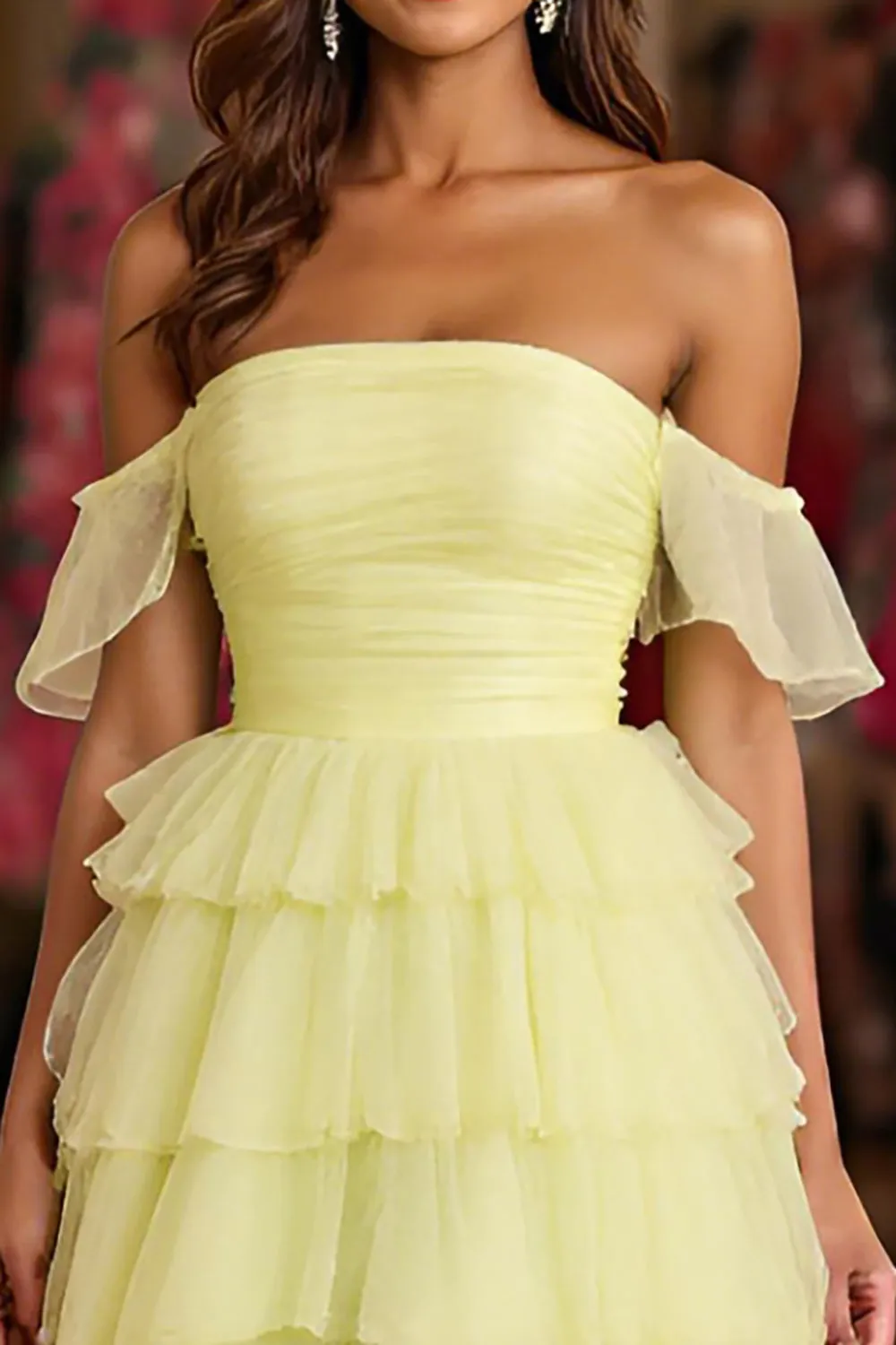 Yellow Tulle Tiered A Line Off the Shoulder Prom Dress with Slit sold by Zapaka product image thumbnail 2