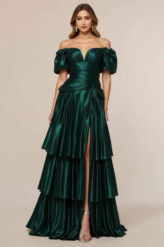 Off the Shoulder Dark Green A Line Tiered Satin Prom Dress sold by Zapaka