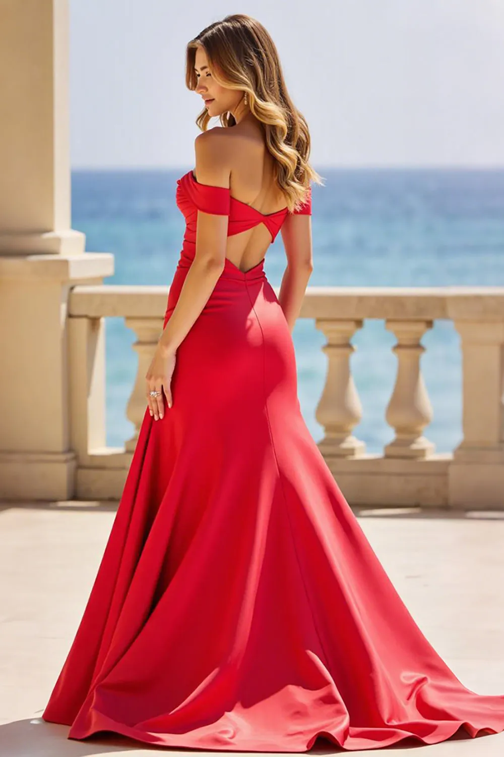 Off the Shoulder Red Satin A Line Hollow-out Prom Dress with Slit sold by Zapaka product image thumbnail 2