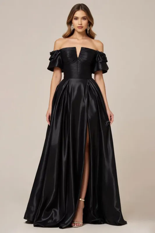 Black Satin Off the Shoulder A Line Prom Dress with Slit sold by Zapaka