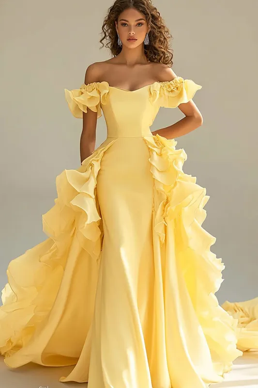 Yellow Off The Shoulder Mermaid Ruffles Satin Prom Dress sold by Zapaka