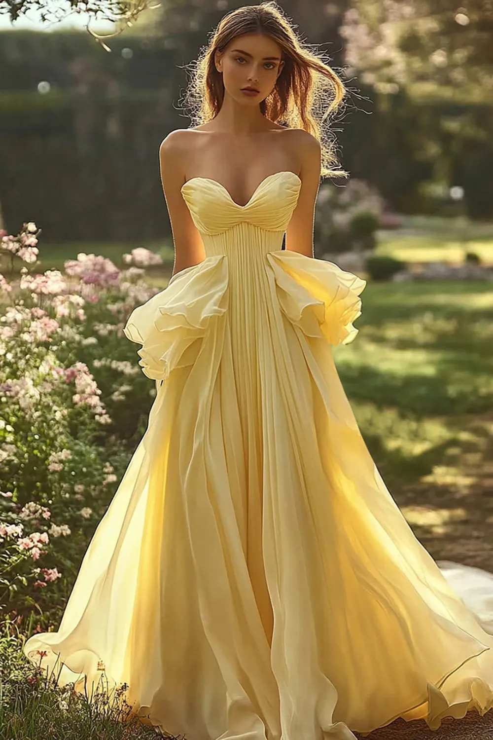 Daffodil Strapless A Line Prom Dress with Ruffles sold by Zapaka