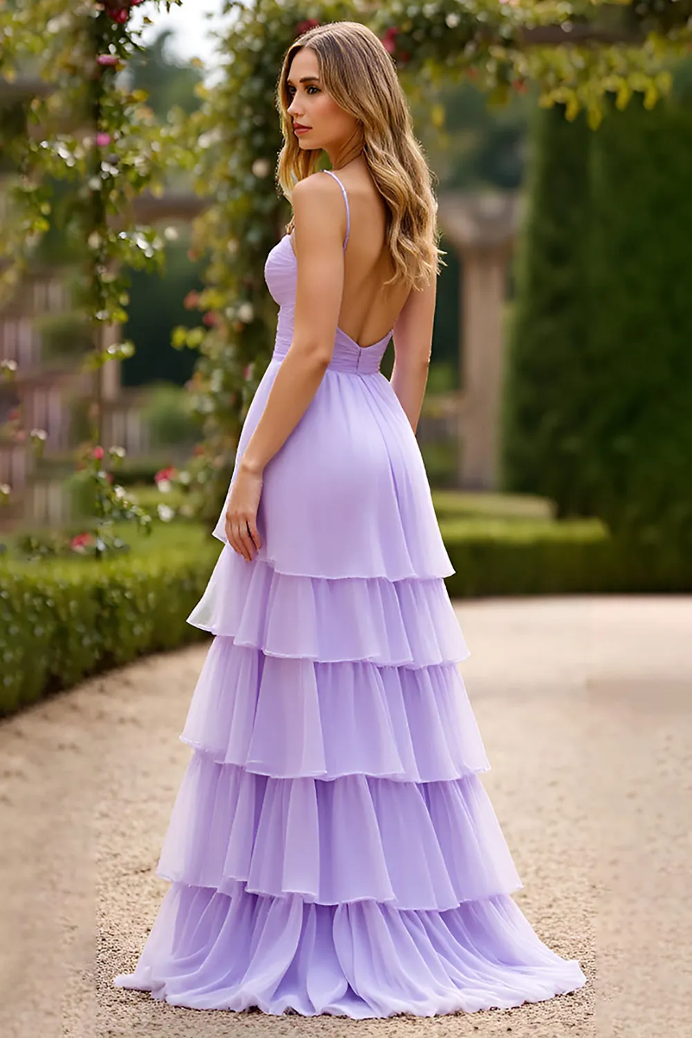 Lilac A Line Spaghetti Straps Tiered Prom Dress sold by Zapaka product image thumbnail 2