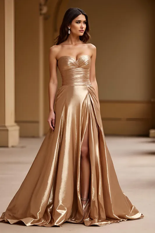 Gold Strapless A Line Metallic Satin Prom Dress sold by Zapaka