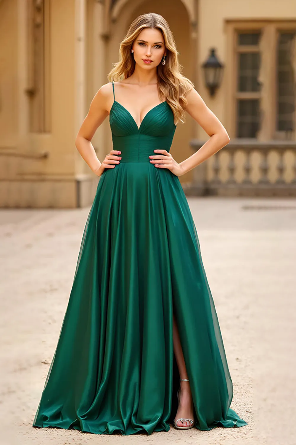 Dark Green A Line Spaghetti Straps Satin Prom Dress sold by Zapaka