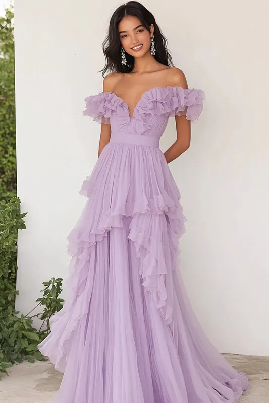 Lilac Ruffled Off the Shoulder A Line Pleated Prom Dress sold by Zapaka