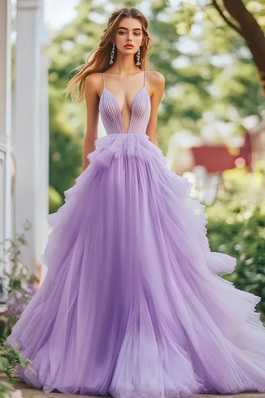 Lilac A Line Deep V-Neck Tulle Prom Dress sold by Zapaka