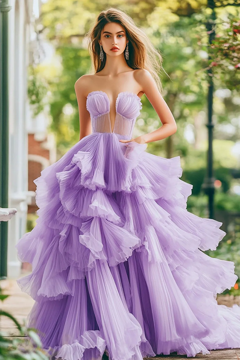 Lilac Strapless A Line Ruffles Tiered Tulle Prom Dress sold by Zapaka