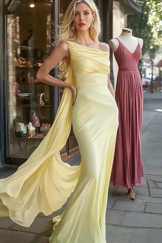 Daffodil One Shoulder Mermaid Prom Dress with Streamer made by Zapaka