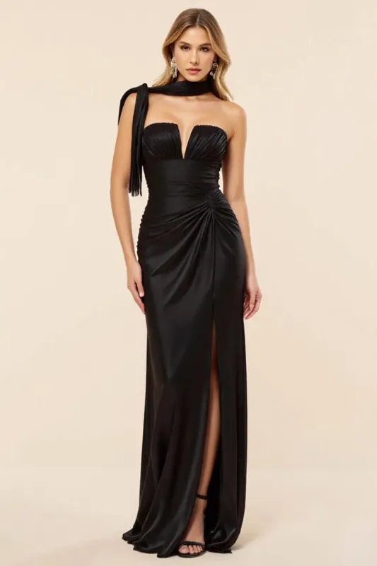 Strapless Sheath Ruched Satin Black Prom Dress with Slit sold by Zapaka