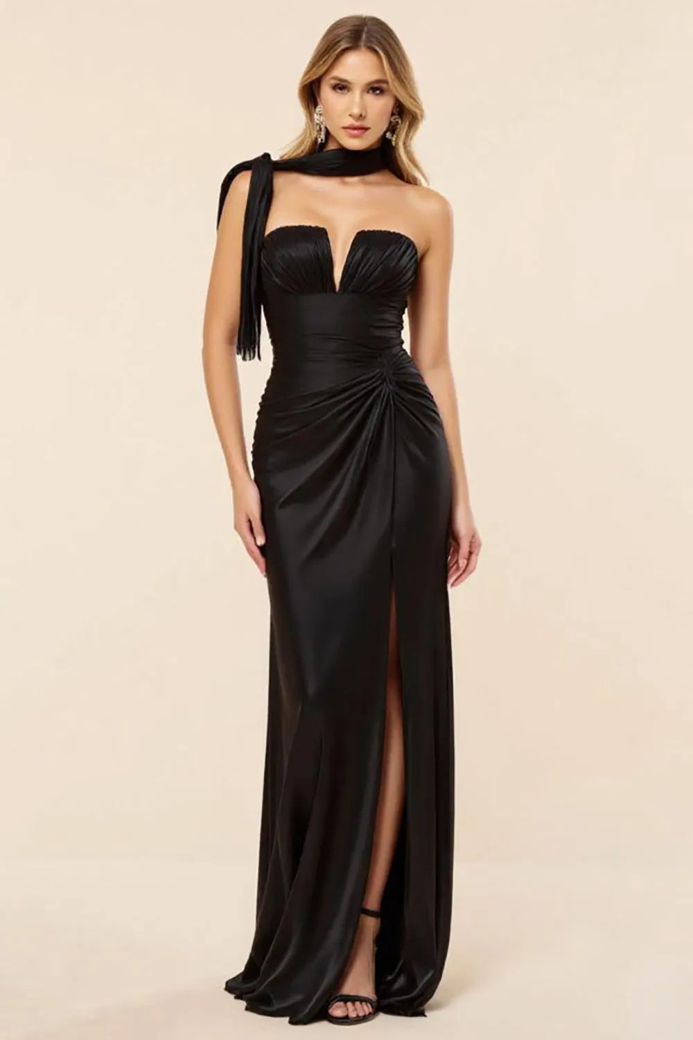 Strapless Sheath Ruched Satin Black Prom Dress with Slit sold by Zapaka