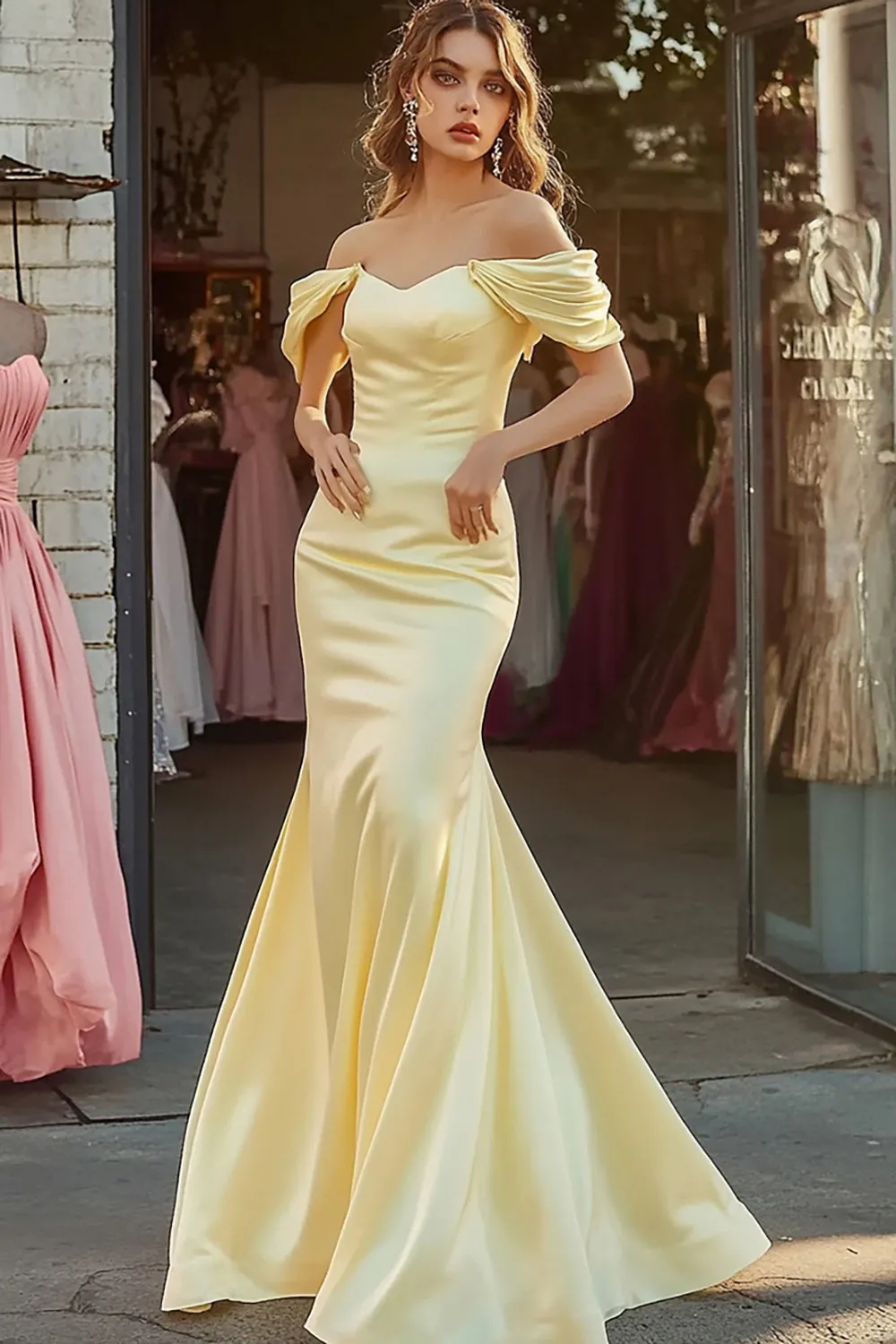 Daffodil Off The Shoulder Mermaid Satin Prom Dress sold by Zapaka