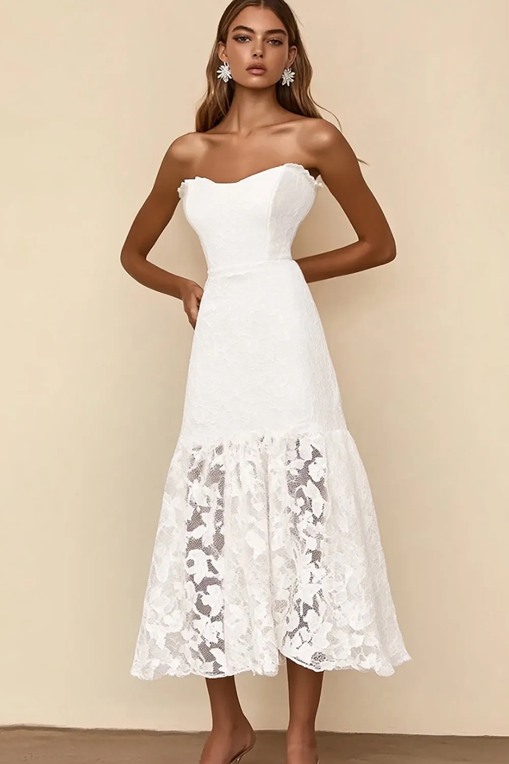 White A Line Strapless Lace Graduation Dress sold by Zapaka