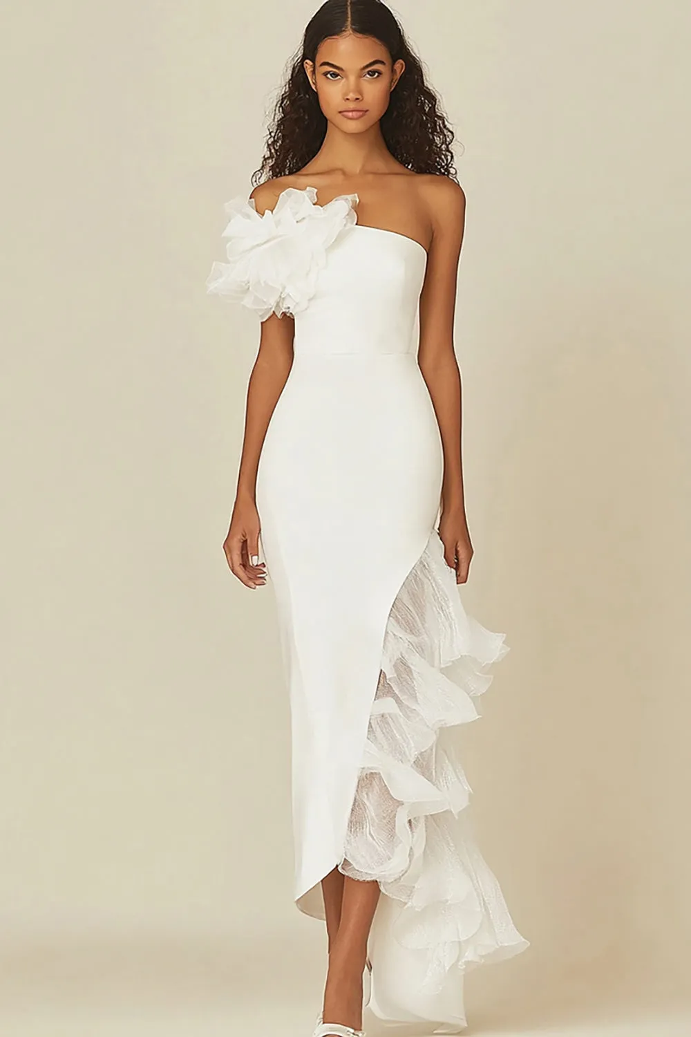 One Shoulder Sheath White Graduation Dress with Ruffles sold by Zapaka