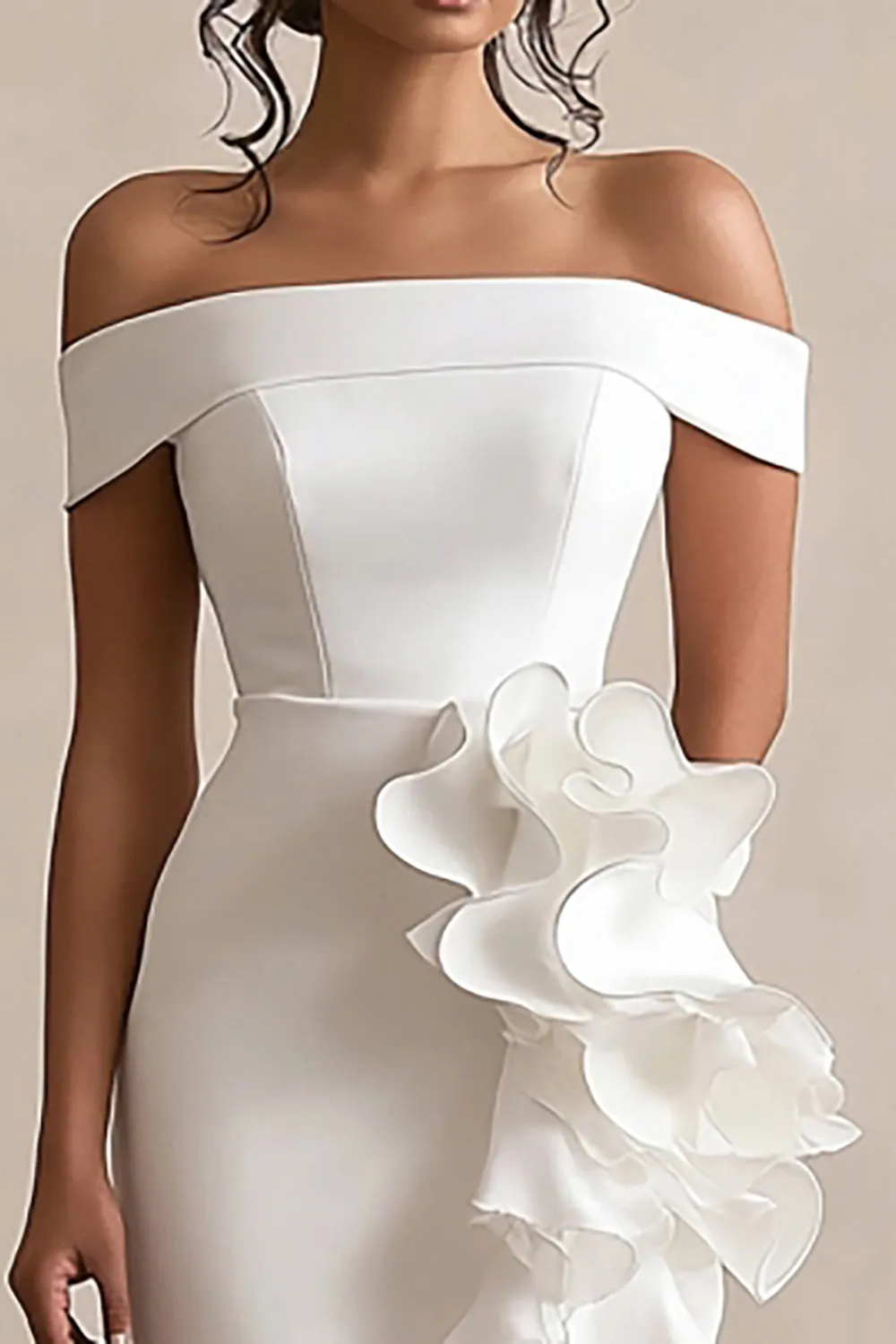 Off the Shoulder White Satin Graduation Dress with Ruffles sold by Zapaka product image thumbnail 2