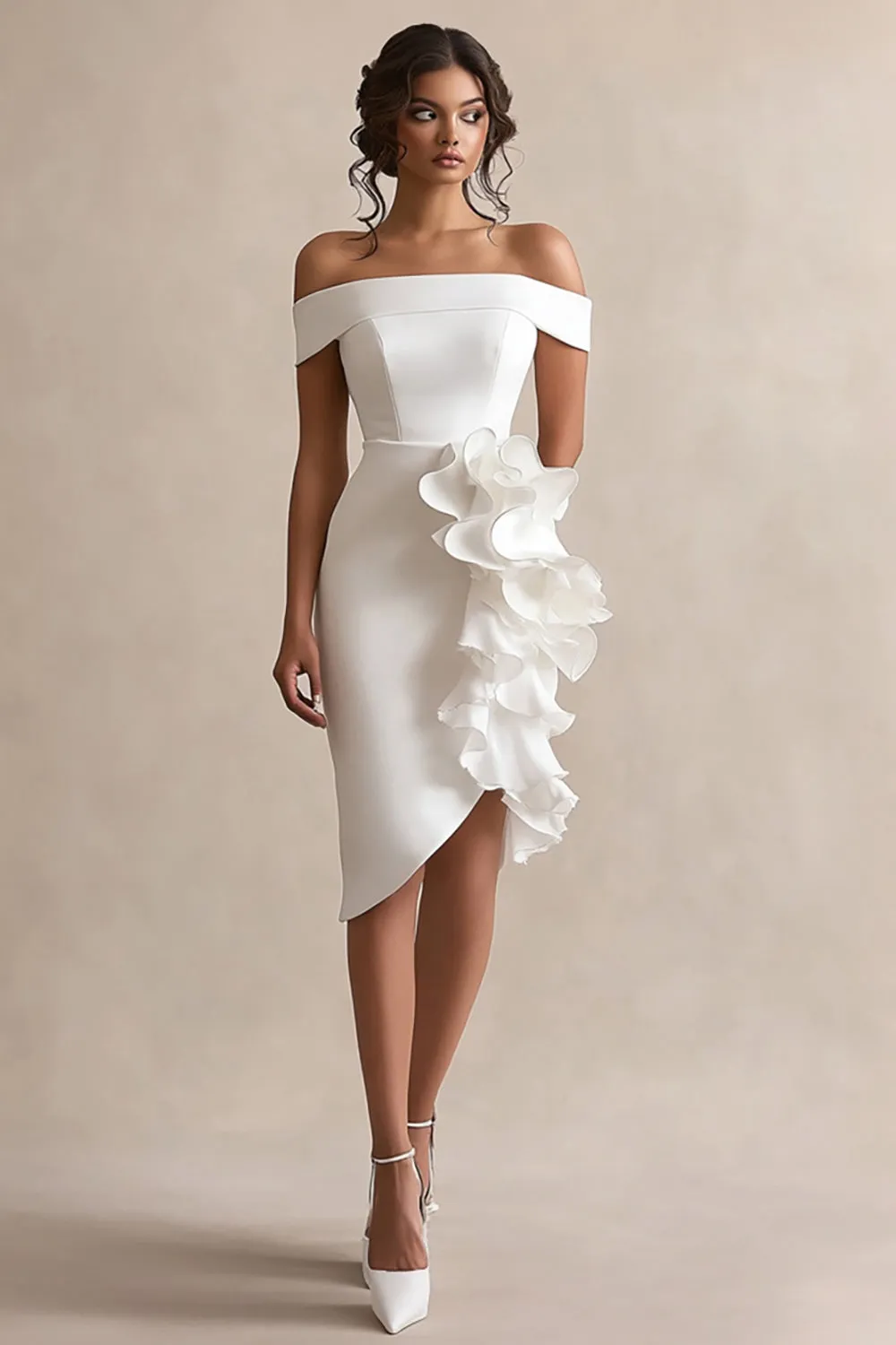 Off the Shoulder White Satin Graduation Dress with Ruffles sold by Zapaka