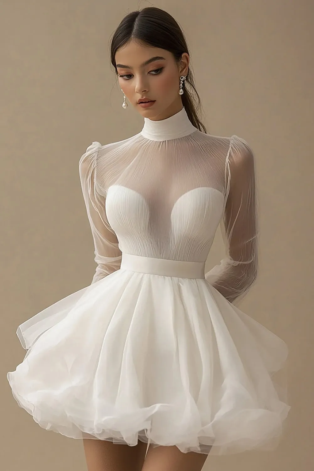 Puffy White A Line Illusion Neck Tulle Graduation Dress with Long Sleeves sold by Zapaka