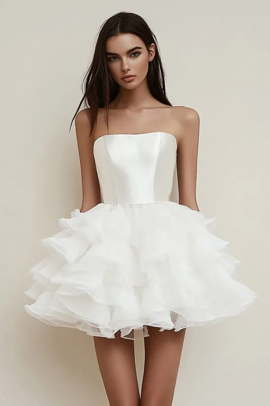 Strapless Ruffled A Line White Graduation Dress sold by Zapaka