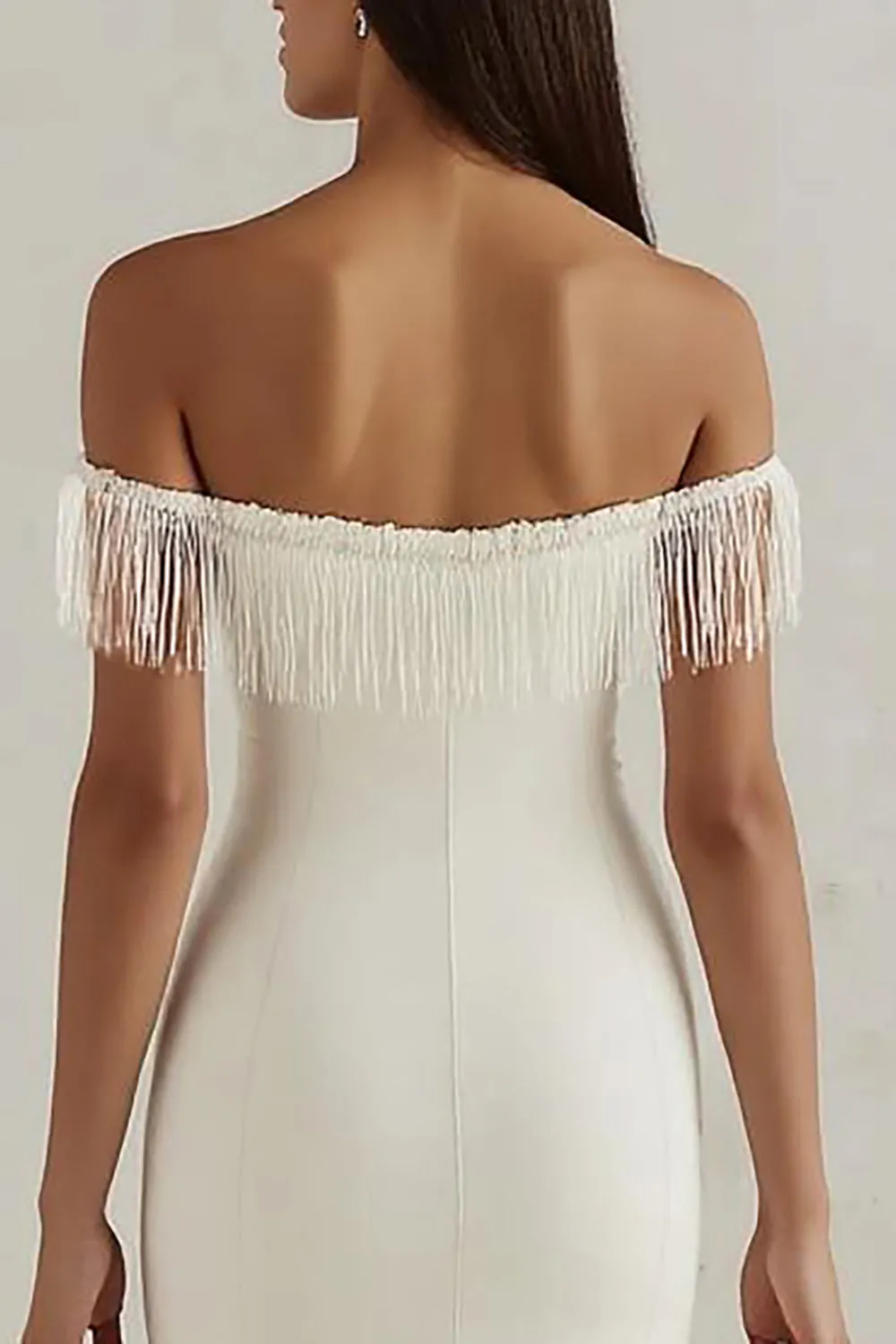Off the Shoulder White Bodycon Mini Graduation Dress with Tassels sold by Zapaka product image thumbnail 4