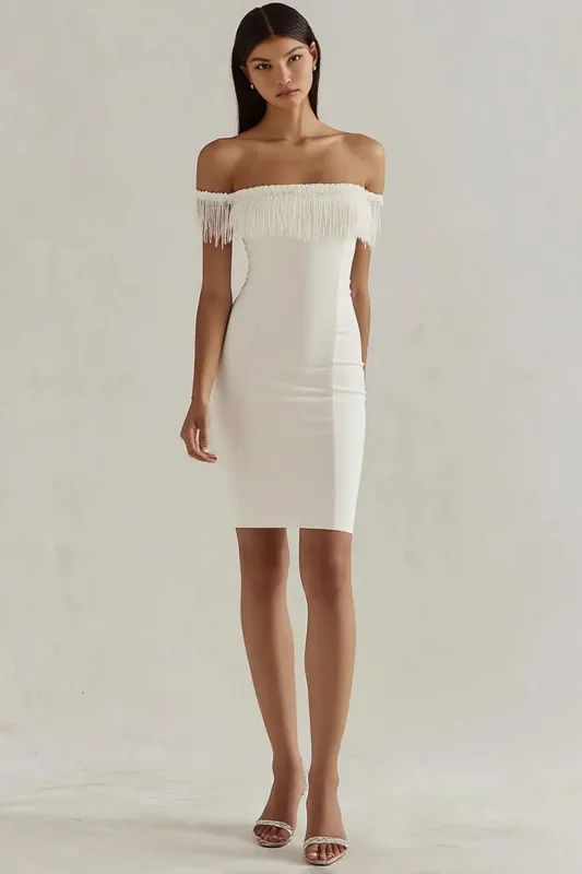 Off the Shoulder White Bodycon Mini Graduation Dress with Tassels sold by Zapaka