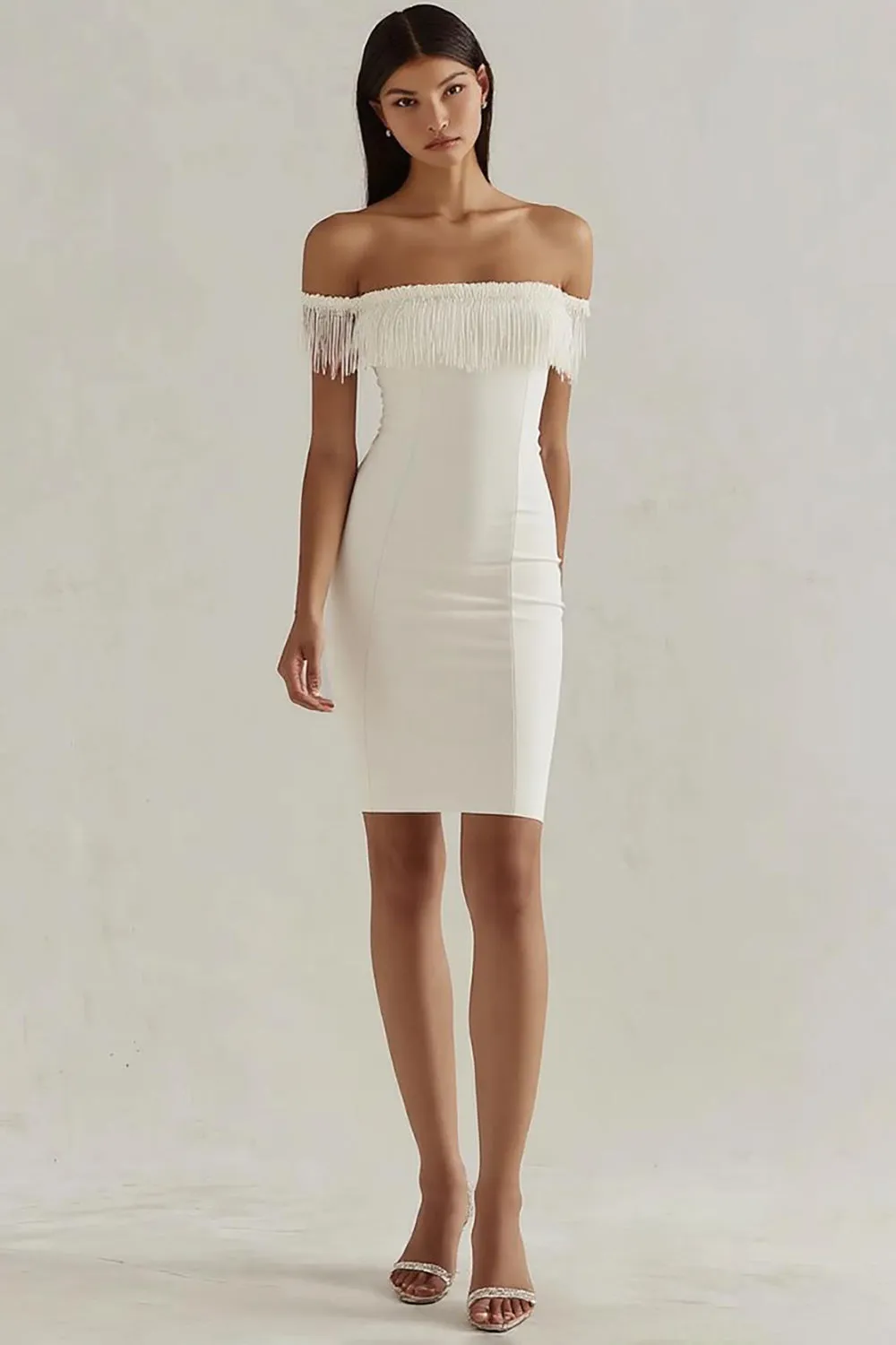 Off the Shoulder White Bodycon Mini Graduation Dress with Tassels sold by Zapaka