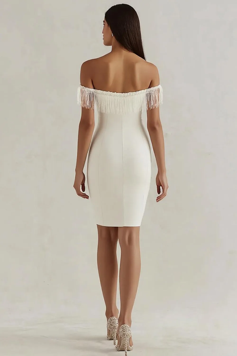 Off the Shoulder White Bodycon Mini Graduation Dress with Tassels sold by Zapaka product image thumbnail 2