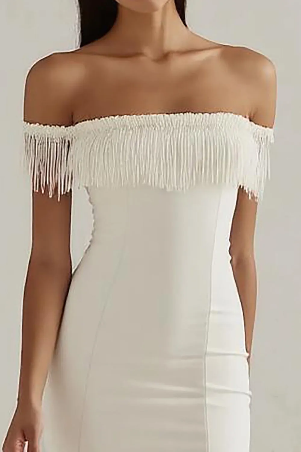 Off the Shoulder White Bodycon Mini Graduation Dress with Tassels sold by Zapaka product image thumbnail 3